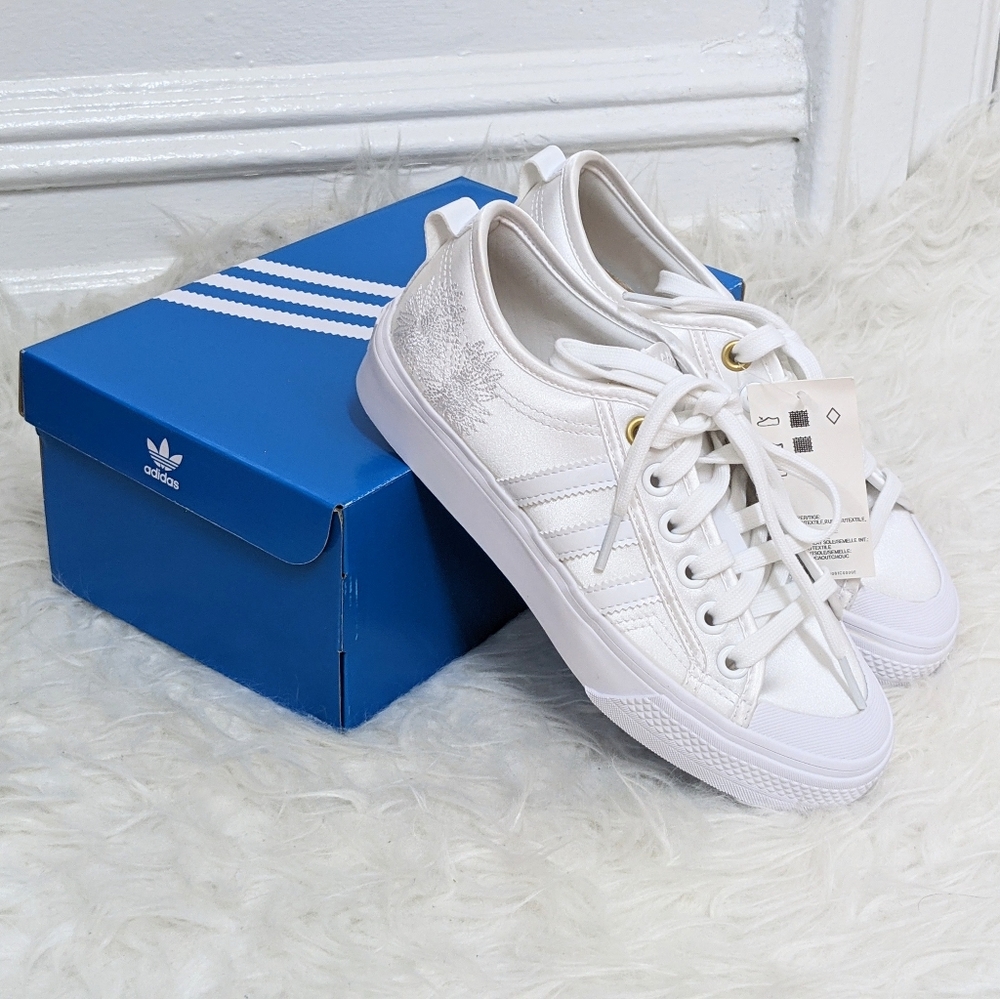 Adidas White Sneakers with Floral Stitching